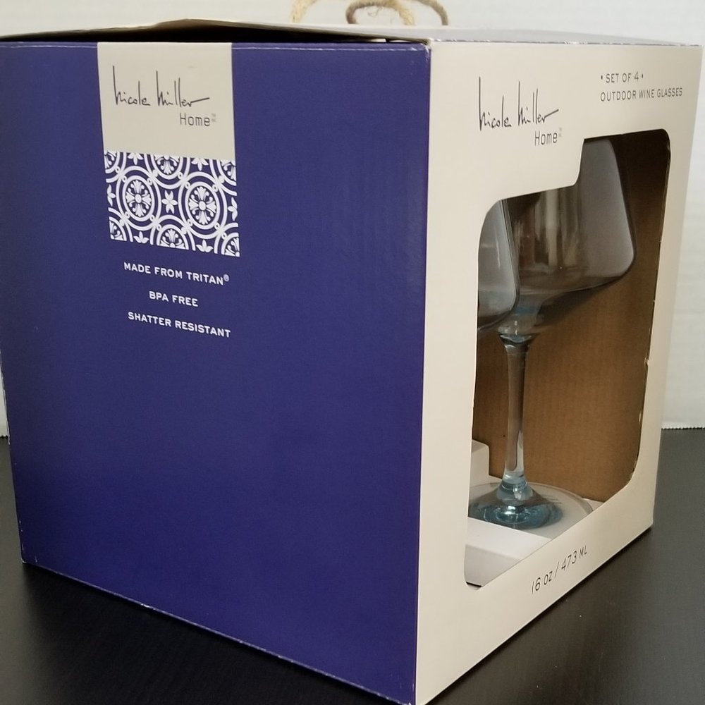 Nicole Miller Set of 4 Outdoor Blue/Teal Wine Glasses 16 oz. IOB - Picture 7 of 10